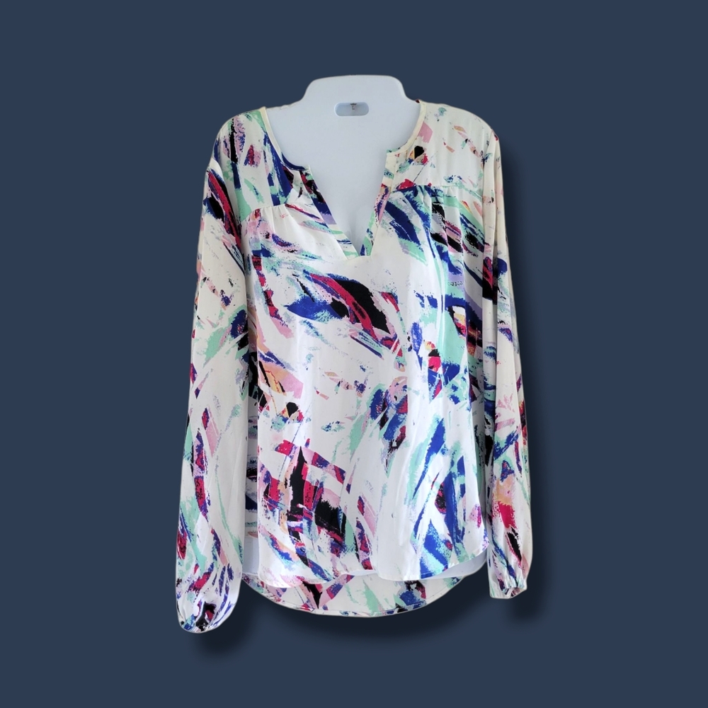 AQUA | Pretty White/Multicolor Abstract Print Long Sleeve Top (SIZE S)